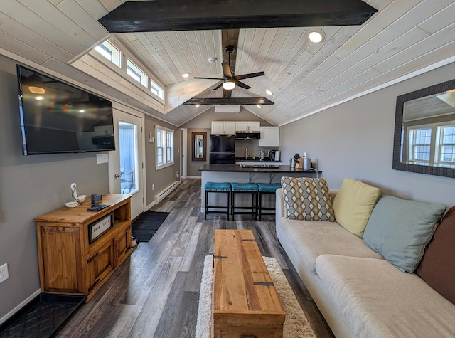 living room with baseboards, a healthy amount of sunlight, dark wood-style flooring, and vaulted ceiling with beams