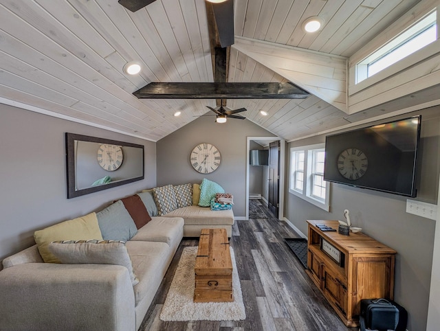 living room with vaulted ceiling with beams, baseboards, ceiling fan, dark wood finished floors, and wood ceiling