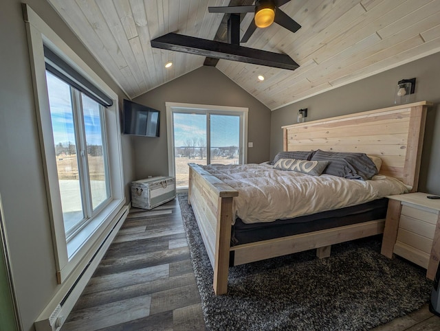 bedroom with a ceiling fan, a baseboard radiator, vaulted ceiling with beams, dark wood-type flooring, and wood ceiling