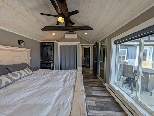 bedroom with dark wood finished floors, wooden ceiling, and vaulted ceiling with beams