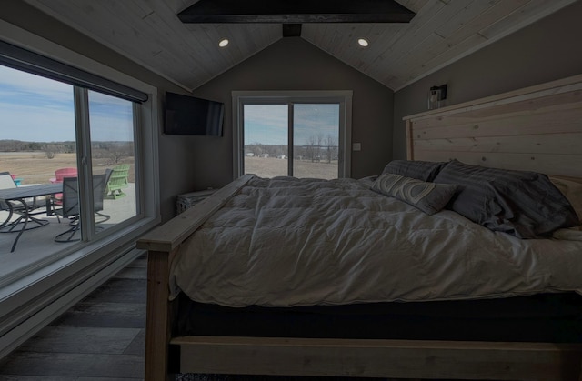 bedroom featuring recessed lighting, wood finished floors, lofted ceiling, and access to outside