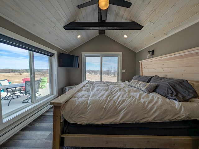 bedroom featuring wood ceiling, access to exterior, and vaulted ceiling with beams