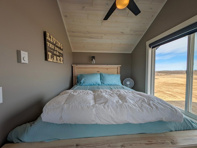 bedroom with wood ceiling, a ceiling fan, and vaulted ceiling