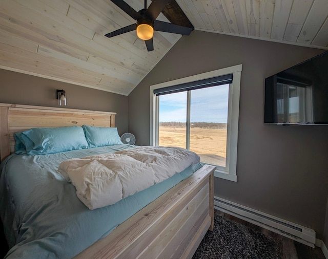 bedroom featuring baseboard heating, ceiling fan, wooden ceiling, and lofted ceiling