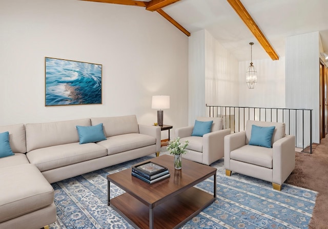 carpeted living area featuring lofted ceiling with beams and a chandelier