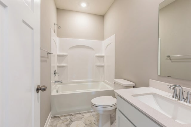 full bath featuring vanity, toilet, washtub / shower combination, and tile patterned flooring