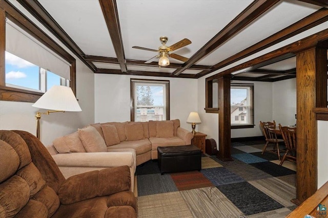 3729 2nd St, Superior, WI 54880 - carpeted living area with a ceiling fan and beam ceiling