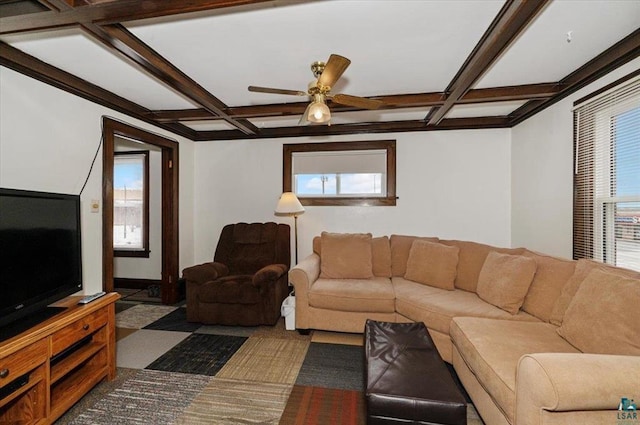 3729 2nd St, Superior, WI 54880 - living room featuring coffered ceiling, healthy amount of natural light, a ceiling fan, and beamed ceiling