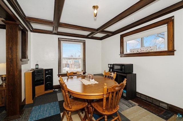 3729 2nd St, Superior, WI 54880 - dining room with baseboards, coffered ceiling, and beam ceiling