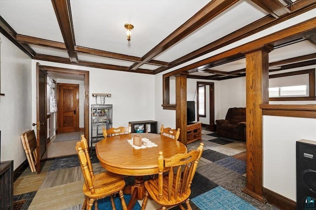 3729 2nd St, Superior, WI 54880 - dining room with ornate columns, plenty of natural light, beamed ceiling, coffered ceiling, and baseboards
