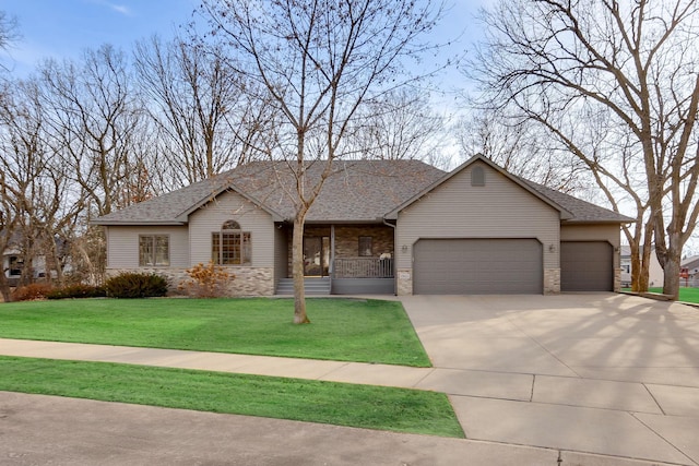 single story home featuring roof with shingles, an attached garage, a front lawn, concrete driveway, and brick siding