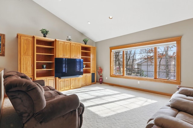 living room featuring light carpet, recessed lighting, high vaulted ceiling, and baseboards