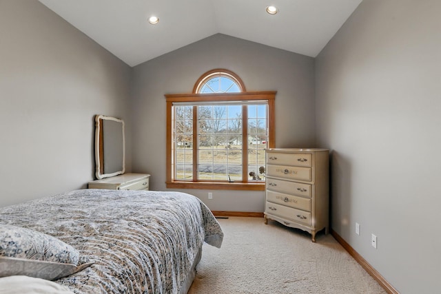 bedroom featuring recessed lighting, baseboards, lofted ceiling, and light colored carpet