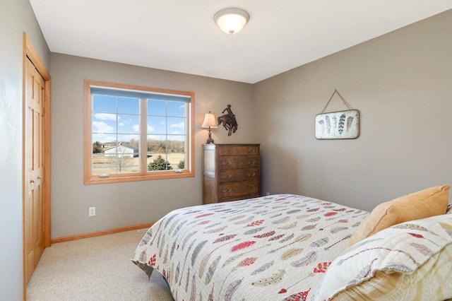 bedroom featuring a closet, baseboards, and carpet