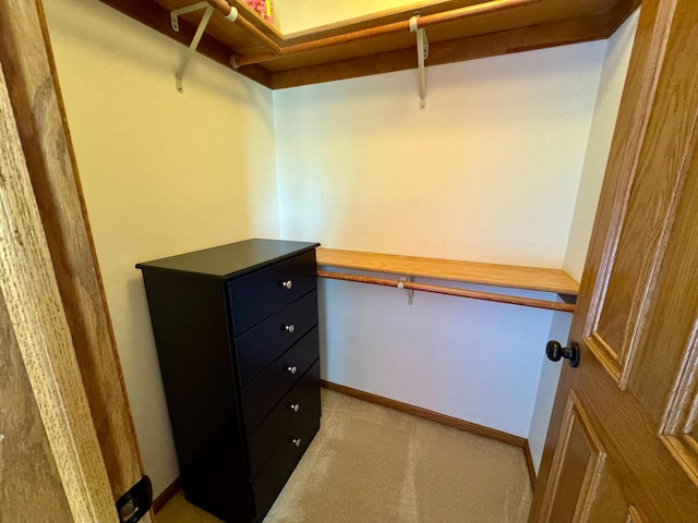 walk in closet featuring light carpet