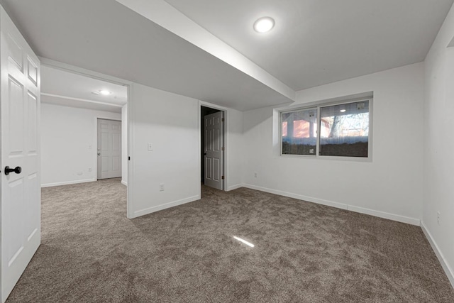 unfurnished bedroom featuring recessed lighting, baseboards, and carpet floors