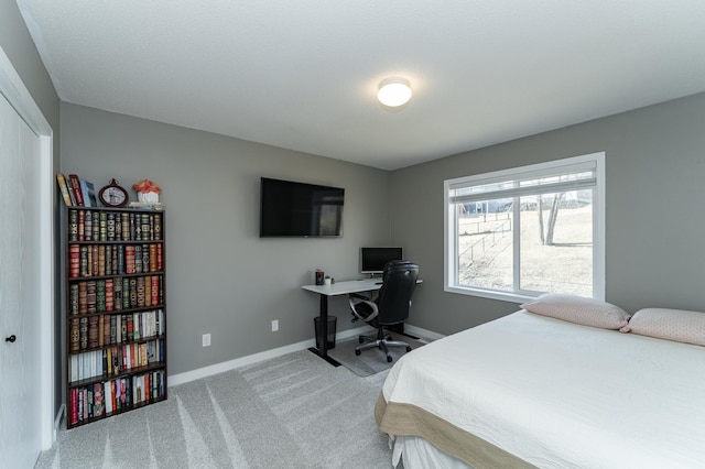 carpeted bedroom featuring baseboards and a closet