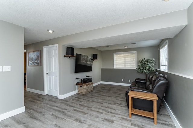 living room featuring wood finished floors, baseboards, and a textured ceiling