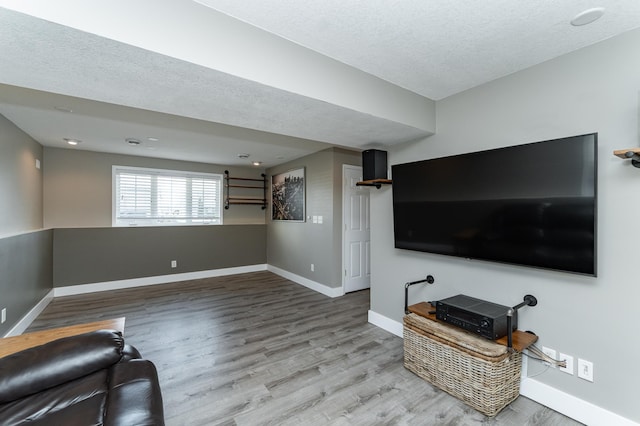 living room with baseboards, a textured ceiling, and wood finished floors