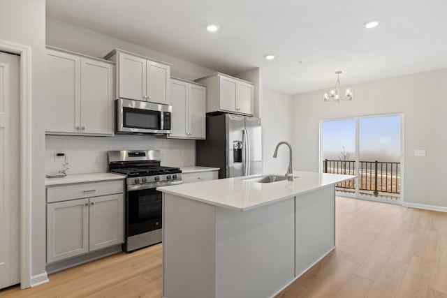 kitchen featuring light wood-style flooring, a kitchen island with sink, a sink, decorative backsplash, and appliances with stainless steel finishes