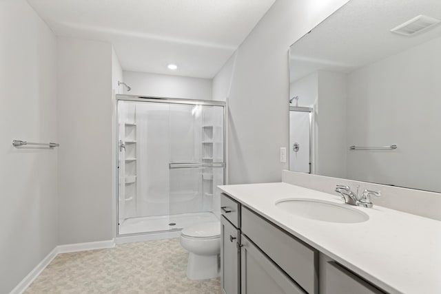 bathroom with visible vents, a stall shower, toilet, and vanity