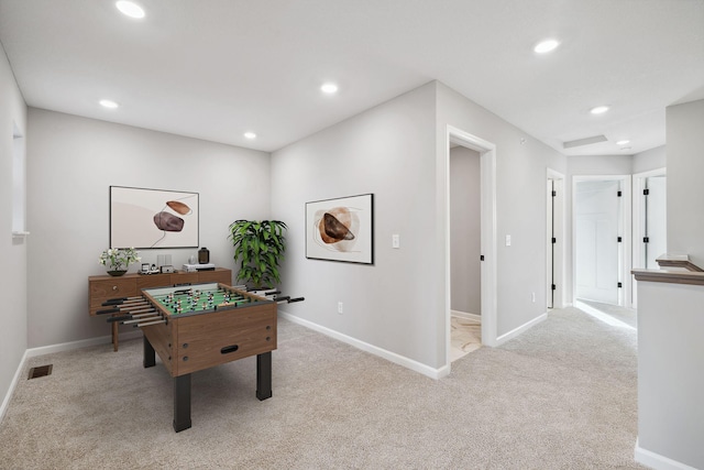 playroom featuring visible vents, recessed lighting, baseboards, and carpet floors