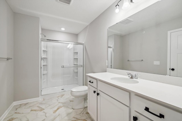 full bath with visible vents, marble finish floor, a stall shower, and toilet