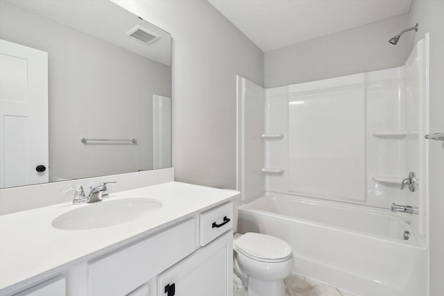 full bath featuring visible vents, toilet, marble finish floor, shower / tub combination, and vanity