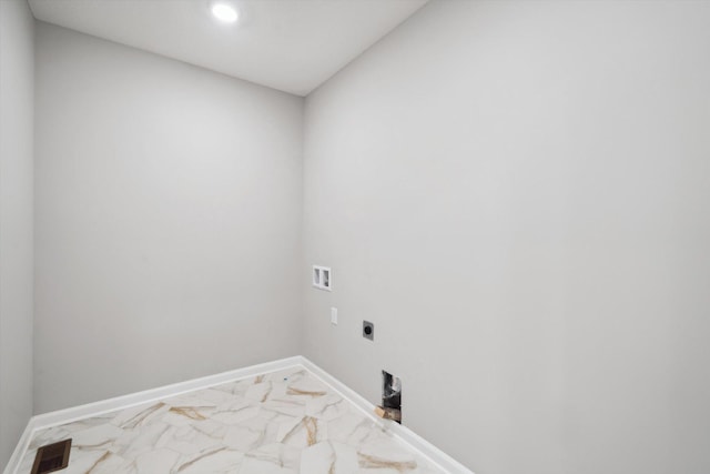 laundry area featuring visible vents, laundry area, electric dryer hookup, washer hookup, and marble finish floor