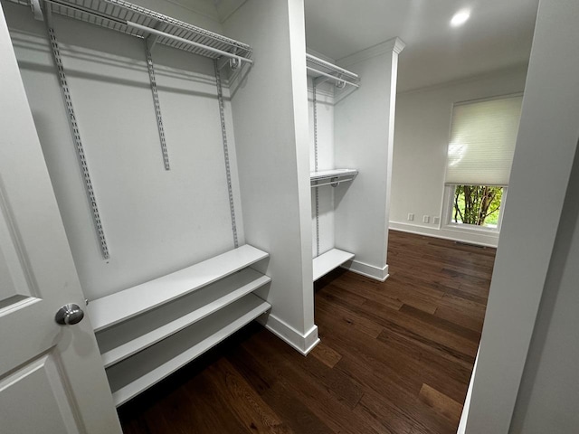 walk in closet with visible vents and wood finished floors