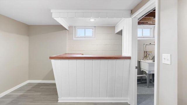 bar with baseboards, wood finished floors, and a dry bar