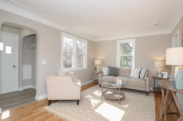 living room with baseboards, arched walkways, and wood finished floors