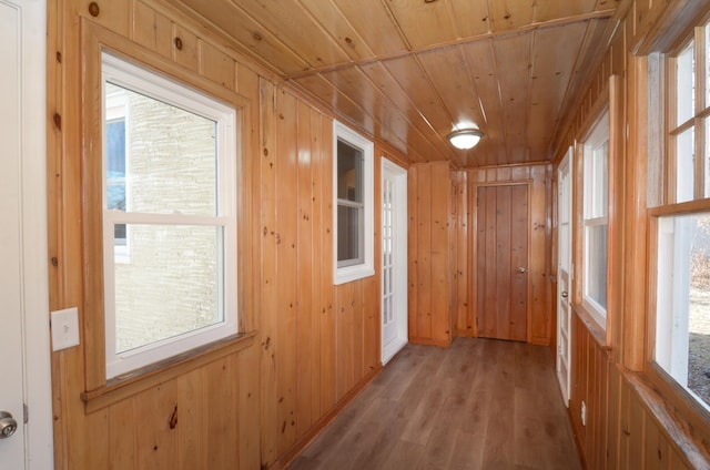 hallway featuring wooden walls, light wood-style flooring, and wooden ceiling