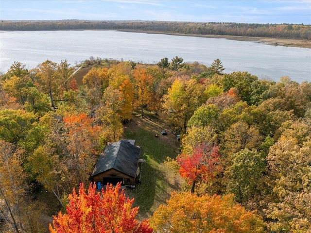 drone / aerial view with a forest view and a water view