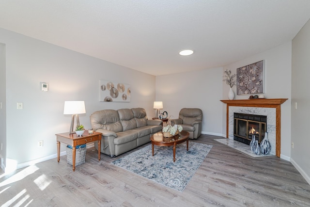 living area with wood finished floors, baseboards, and a premium fireplace