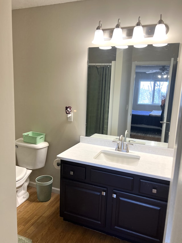 ensuite bathroom with vanity, wood finished floors, baseboards, ensuite bathroom, and toilet
