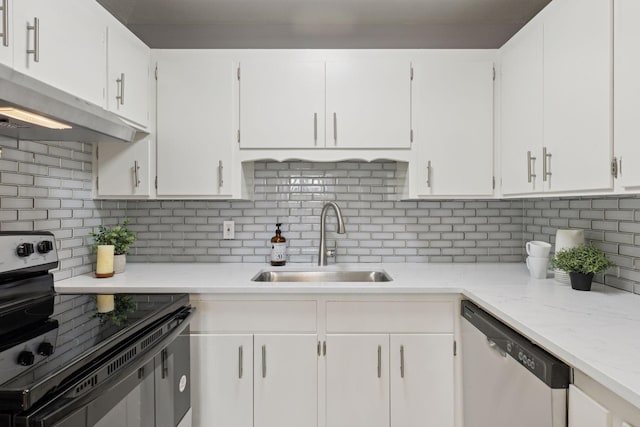 kitchen featuring tasteful backsplash, under cabinet range hood, dishwasher, electric range oven, and a sink