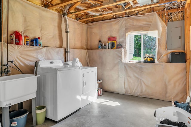 laundry room with electric panel and separate washer and dryer
