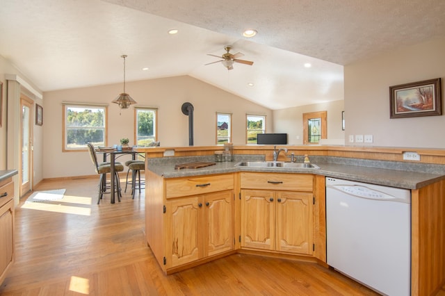 kitchen featuring light wood-type flooring, lofted ceiling, white dishwasher, a ceiling fan, and a sink