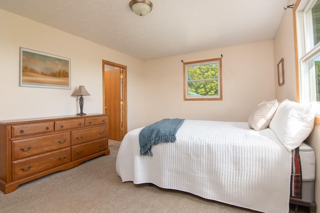 bedroom with light colored carpet