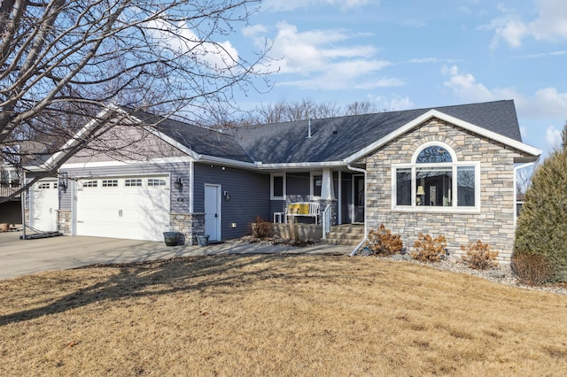 ranch-style house with a front yard, roof with shingles, an attached garage, concrete driveway, and stone siding