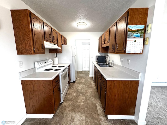 kitchen featuring white electric stove, a sink, light countertops, under cabinet range hood, and a textured ceiling