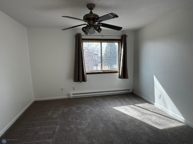 carpeted empty room featuring a textured ceiling, a ceiling fan, baseboards, and a baseboard radiator