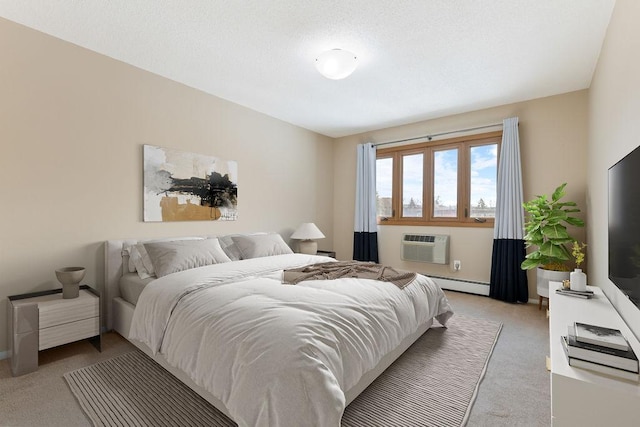 bedroom featuring light carpet, a wall unit AC, and a baseboard radiator