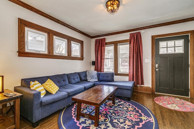 living area featuring a healthy amount of sunlight, ornamental molding, and wood finished floors