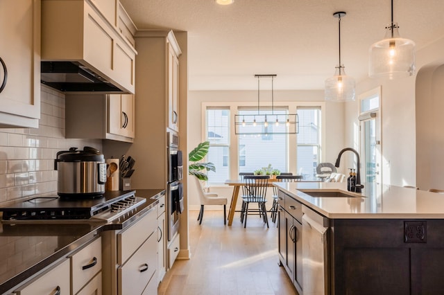 kitchen with light wood-style flooring, a sink, tasteful backsplash, stainless steel appliances, and custom exhaust hood