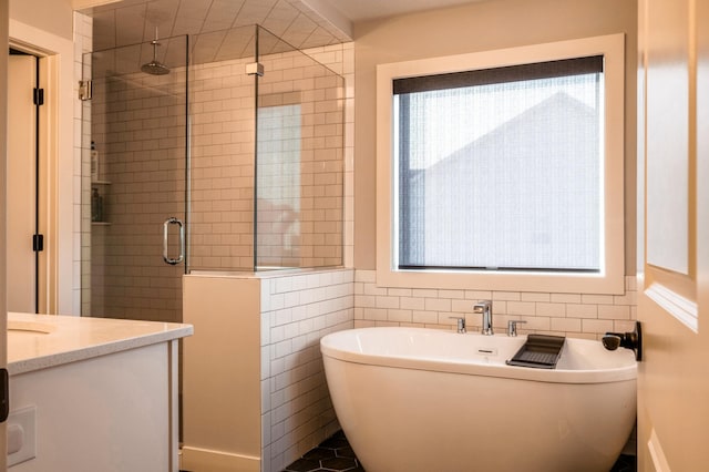 bathroom with a stall shower, a freestanding bath, and vanity