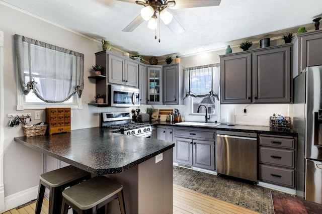 kitchen with a sink, dark countertops, stainless steel appliances, wood-type flooring, and a peninsula