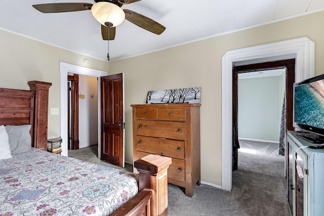 bedroom featuring light colored carpet and ornamental molding