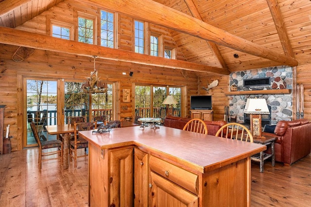 kitchen with light wood-type flooring, beam ceiling, log walls, and wooden ceiling